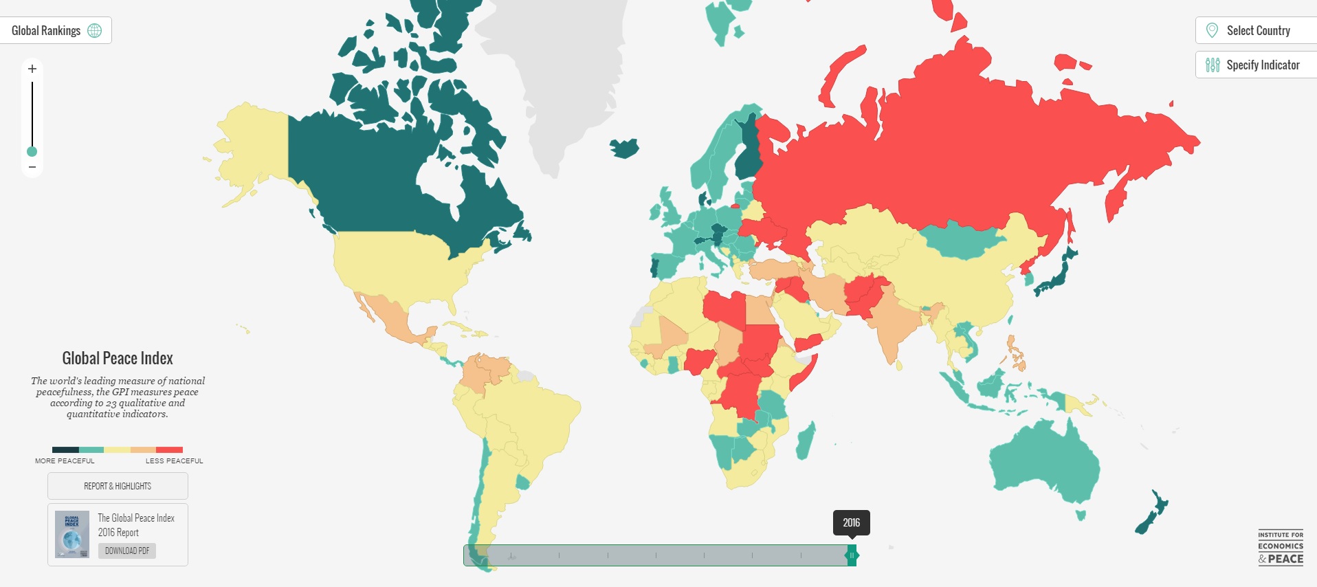 На карте темно-зелёным цветом обозначены страны с высоким уровнем безопасности. Страны с низким уровнем безопасности отмечены желтым и красными цветами.