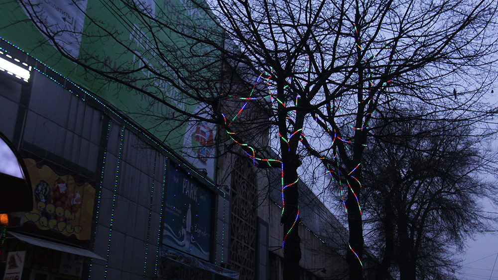 Дико праздничные деревья на пересечении бульвара Эркиндик и улицы Киевской.